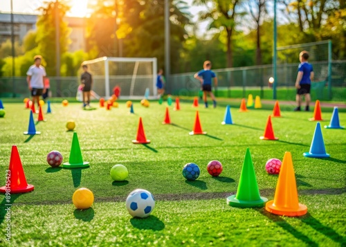 Green grassy soccer field with scattered toys, balls, and cones, conveying a sense of excitement and energy from a children's playful soccer practice session. photo