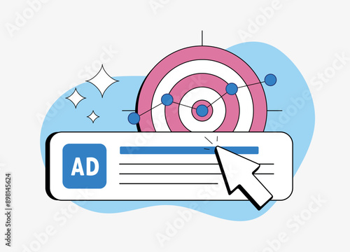 Digital marketing concept with PPC online advertising, promotion, traffic research and targeted ads with revenue chart. Pay Per Click Marketing, cursor clicks on targeted ppc ad. Vector Illustration