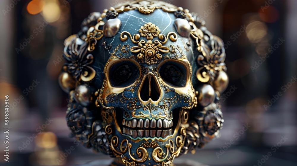 Ornate, gold-trimmed skull with blue and silver embellishments. A striking, symbolic image. Ornate, gold-trimmed skull with blue and silver embellishments. A striking, symbolic image.