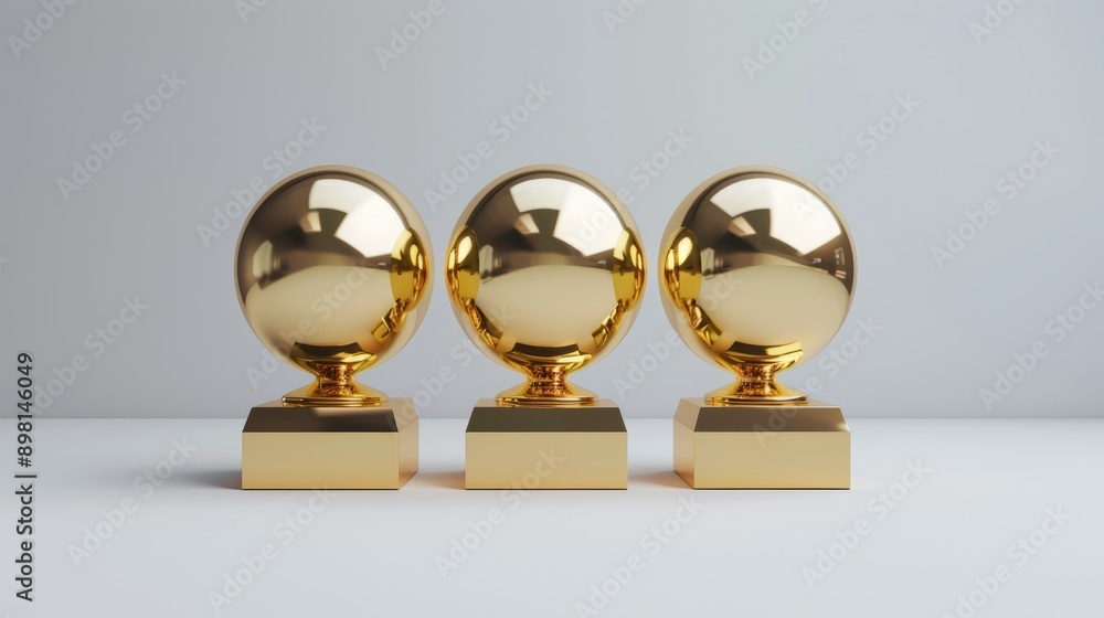 Three golden sphere awards on white background. Three golden sphere awards on white background.