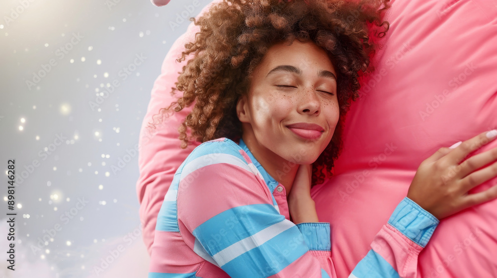 A woman in striped pajamas hugs a star-patterned pillow under a full moon, highlighting nighttime wellness and restful sleep. A woman in striped pajamas hugs a star-patterned pillow under a full moon, highlighting nighttime wellness and restful sleep.