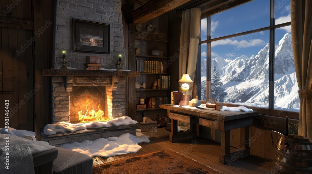mountain retreat with a small office nook, featuring a sturdy desk, a fireplace, and a window looking out to snowy peaks mountain retreat with a small office nook, featuring a sturdy desk, a fireplace, and a window looking out to snowy peaks