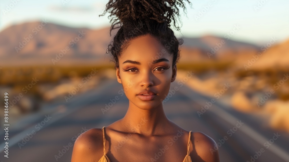 Portrait of an African American woman on the road looking at the camera Portrait of an African American woman on the road looking at the camera