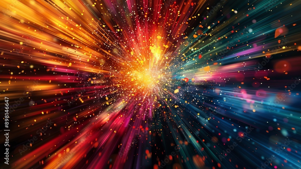 Naklejka premium Abstract background exploding with colorful light trails and particles over a dark background