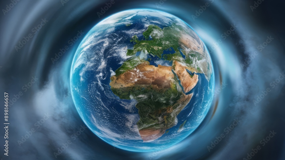 view of Earth from space, showcasing a vividly-colored globe with lush forests, vast deserts, and shimmering oceans. The atmosphere features swirling blues, whites, clouds view of Earth from space, showcasing a vividly-colored globe with lush forests, vast deserts, and shimmering oceans. The atmosphere features swirling blues, whites, clouds