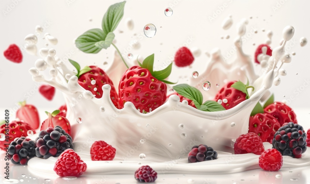 3d fresh summer cocktail, milk wave splash with forest berries. Realistic dairy drink flow with strawberry, blackberry, raspberry, green leaves and drops. Isolated on white background 3d fresh summer cocktail, milk wave splash with forest berries. Realistic dairy drink flow with strawberry, blackberry, raspberry, green leaves and drops. Isolated on white background