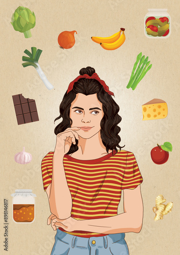  woman thinking over food,  food family and the benefits of probiotics. illustration for health, choice, diet