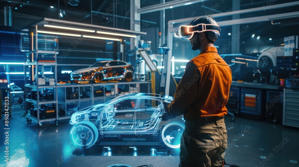 Naklejka premium next-gen automotive workshop where mechanics use augmented reality to diagnose and repair vehicles with digital precision