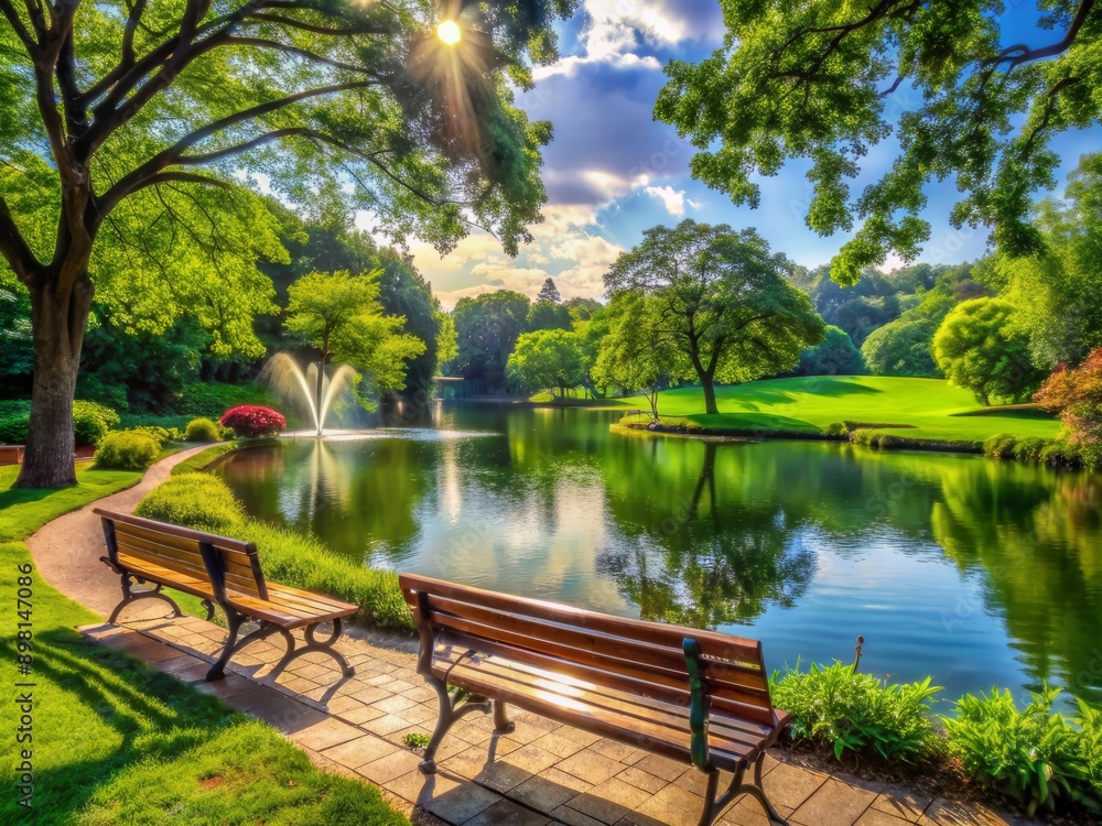 A serene park setting with lush greenery, a benches, and a lake in the background, evoking a sense of joy and freedom. A serene park setting with lush greenery, a benches, and a lake in the background, evoking a sense of joy and freedom.
