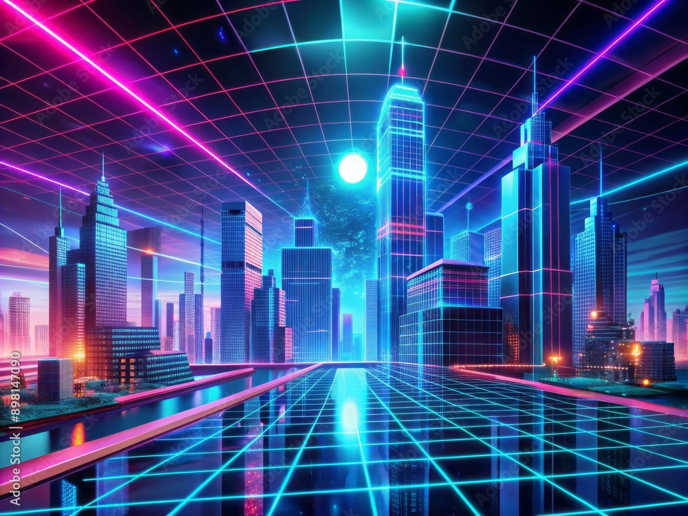 Futuristic virtual reality world with sleek neon-lit cityscape, abstract grids, and wires, surrounded by holographic screens and futuristic machinery. Futuristic virtual reality world with sleek neon-lit cityscape, abstract grids, and wires, surrounded by holographic screens and futuristic machinery.