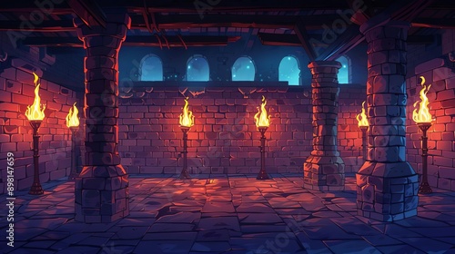A medieval dungeon interior with stone brick walls and torches