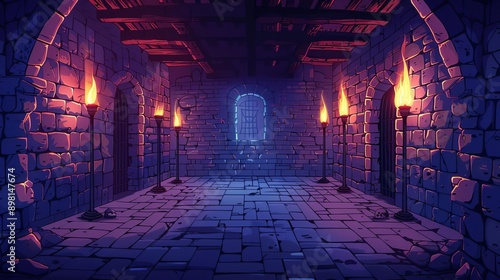 A medieval dungeon interior with stone brick walls and torches