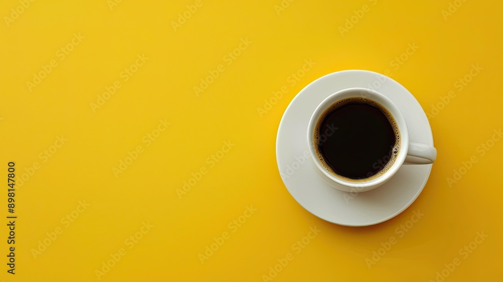 Cup of coffee on yellow background. Top view. Copy space Cup of coffee on yellow background. Top view. Copy space
