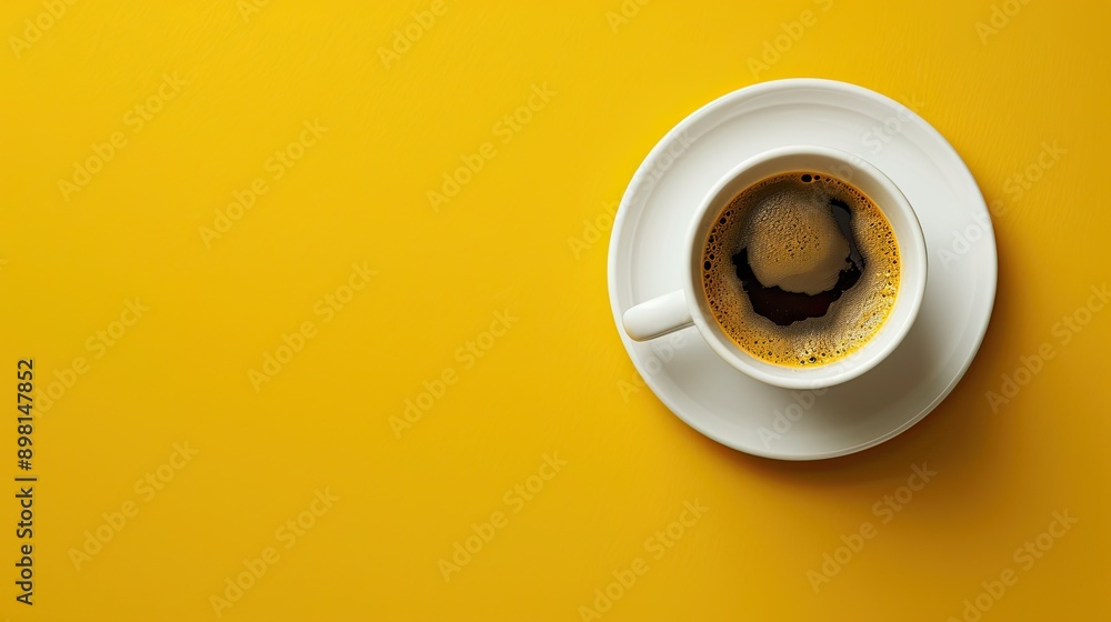 Cup of coffee on yellow background. Top view. Copy space Cup of coffee on yellow background. Top view. Copy space