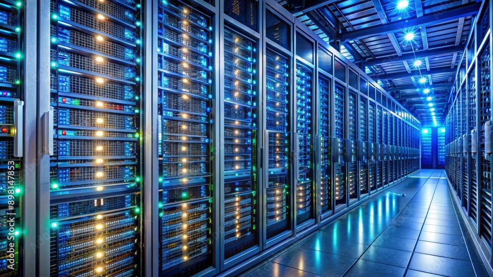 Rows of tall server racks with blinking lights hum with activity as intricate cables weave through metal frames, ensuring reliable data storage and high-speed connectivity. Rows of tall server racks with blinking lights hum with activity as intricate cables weave through metal frames, ensuring reliable data storage and high-speed connectivity.