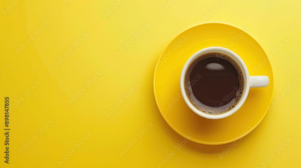 Cup of coffee on yellow background. Top view. Copy space Cup of coffee on yellow background. Top view. Copy space
