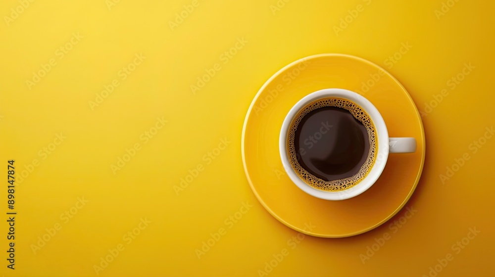 Cup of coffee on yellow background. Top view. Copy space Cup of coffee on yellow background. Top view. Copy space