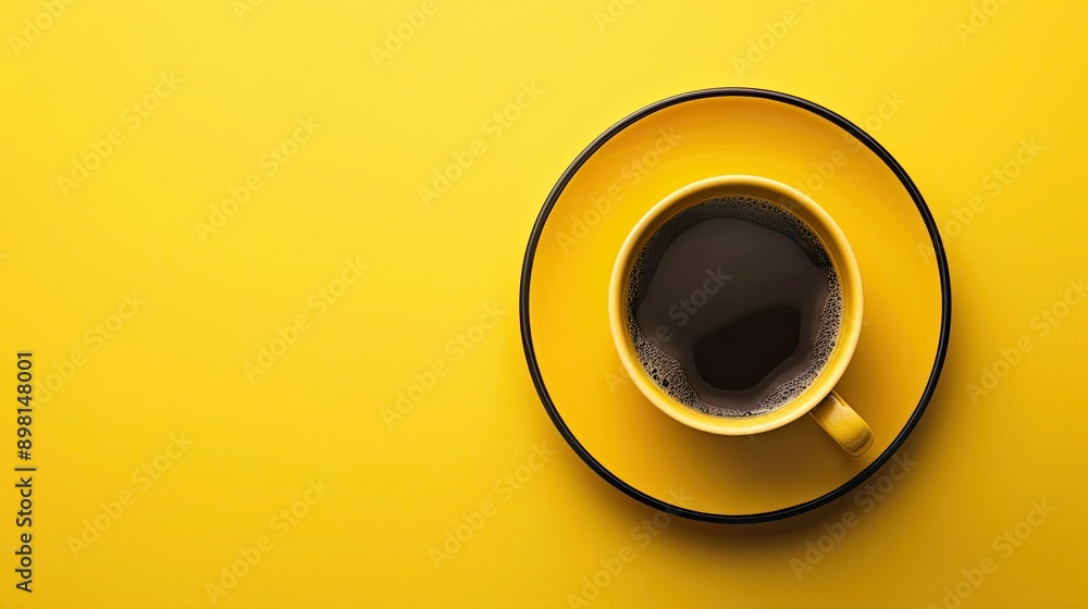 Cup of coffee on yellow background. Top view. Copy space Cup of coffee on yellow background. Top view. Copy space