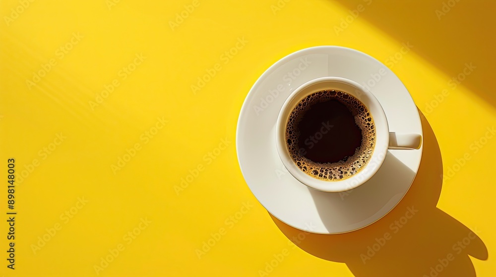 Cup of coffee on yellow background. Top view. Copy space Cup of coffee on yellow background. Top view. Copy space