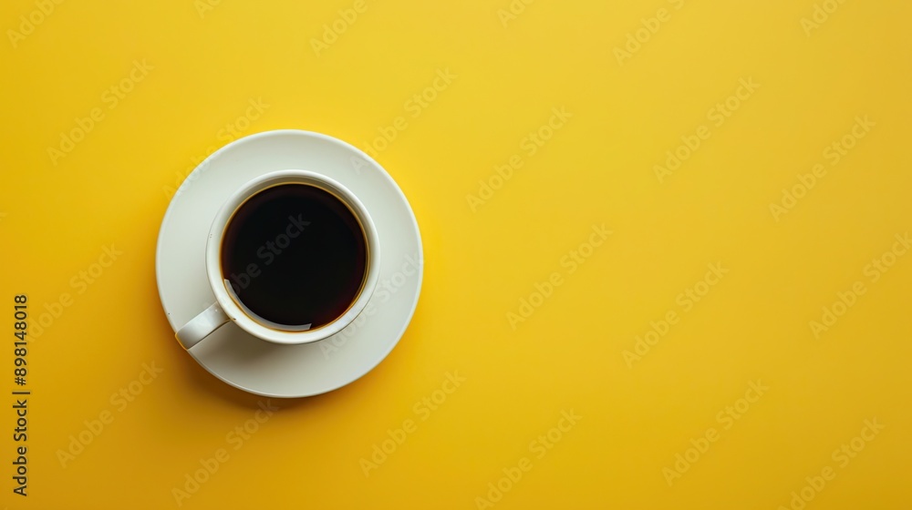 Cup of coffee on yellow background. Top view. Copy space Cup of coffee on yellow background. Top view. Copy space