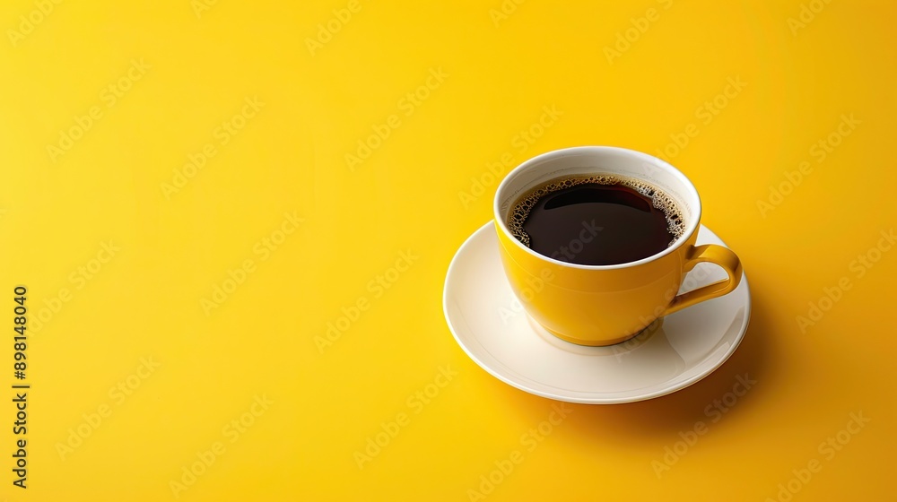 Cup of coffee on yellow background. Top view. Copy space Cup of coffee on yellow background. Top view. Copy space