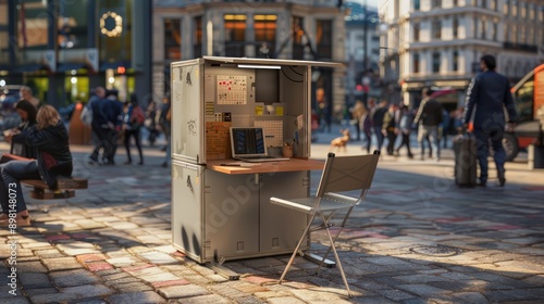 Wallpaper Mural portable office set up in a city square, with a foldable desk and chair, surrounded by bustling urban life Torontodigital.ca