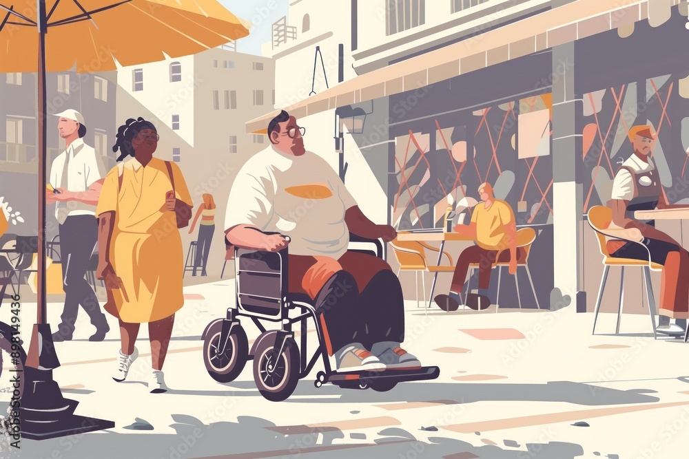Obraz premium Man in wheelchair sits on bench surrounded by objects people urban setting community event. Woman stands next to umbrella man sits at outdoor table chairs. Buildings trees provide context.