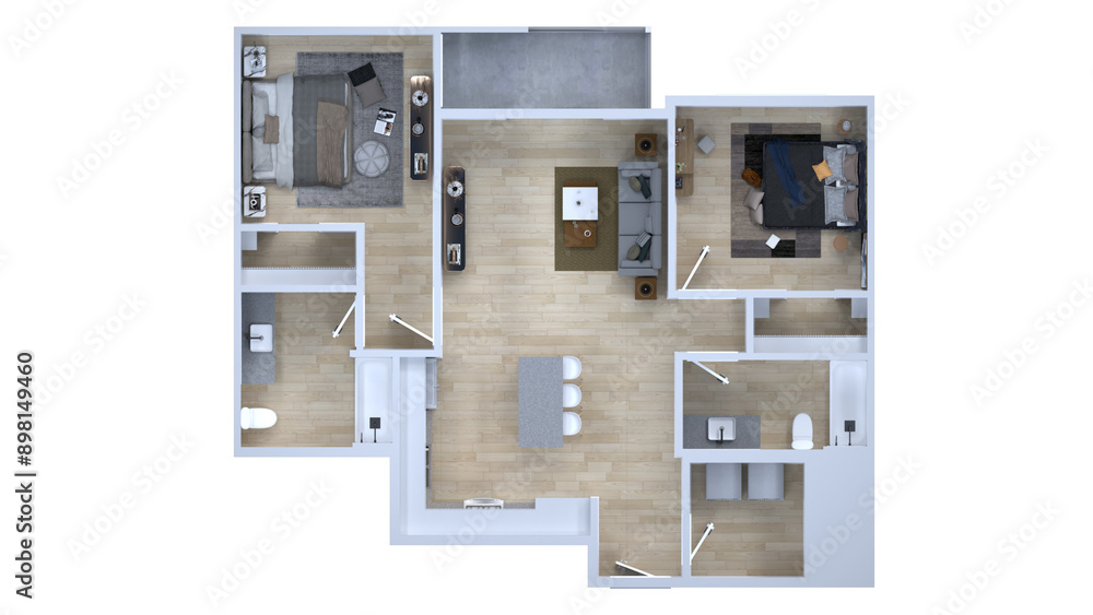 3d floor plan rendering for Two bedroom ,kitchen, living , and Bathroom. 3d floor plan rendering for Two bedroom ,kitchen, living , and Bathroom.