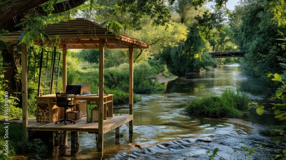 serene riverside gazebo transformed into a picturesque remote office, complete with a desk and eco-friendly materials serene riverside gazebo transformed into a picturesque remote office, complete with a desk and eco-friendly materials