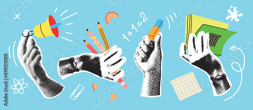 Back to school collage hands set. Halftone hands holding stationery. Trendy vector gesture signs. Modern forms for card, print on cloth.