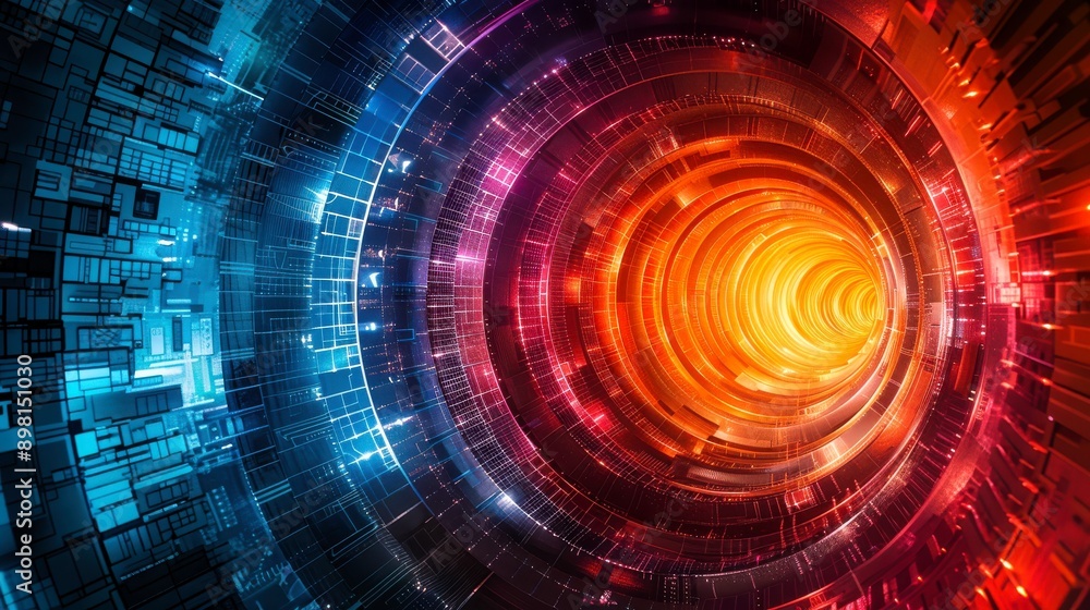 Vibrant circular abstract design featuring radiant colors of red and blue, creating an illusion of depth and movement. Vibrant circular abstract design featuring radiant colors of red and blue, creating an illusion of depth and movement.