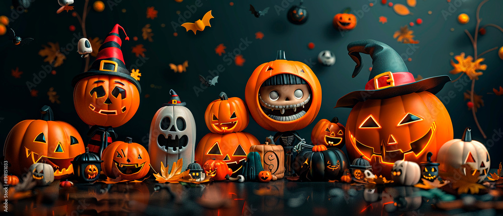 Halloween pumpkins with scary faces on dark background. 3d illustration Halloween pumpkins with scary faces on dark background. 3d illustration