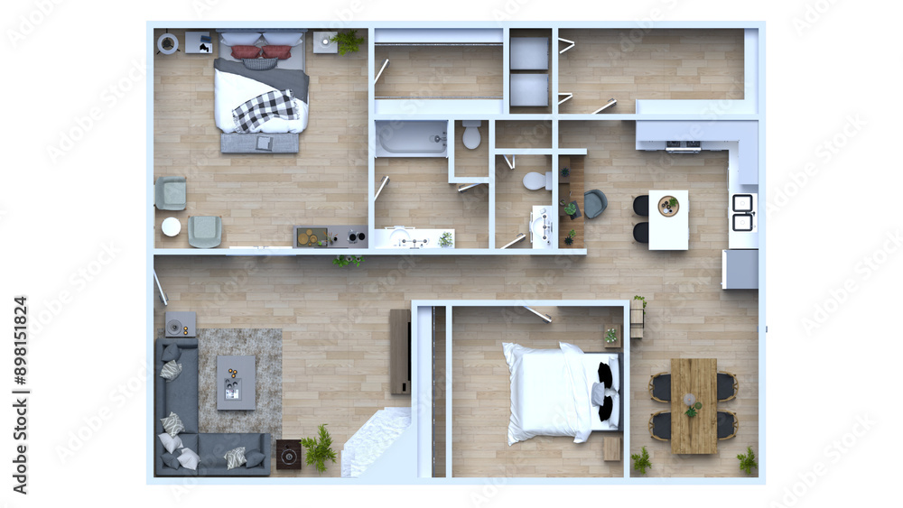 3d floor plan rendering for Two bedroom ,kitchen, living , and Bathroom. 3d floor plan rendering for Two bedroom ,kitchen, living , and Bathroom.