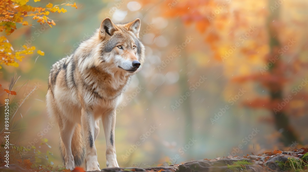 A majestic wolf stands amidst vibrant autumn foliage, showcasing the beauty of nature in a serene forest setting. A majestic wolf stands amidst vibrant autumn foliage, showcasing the beauty of nature in a serene forest setting.
