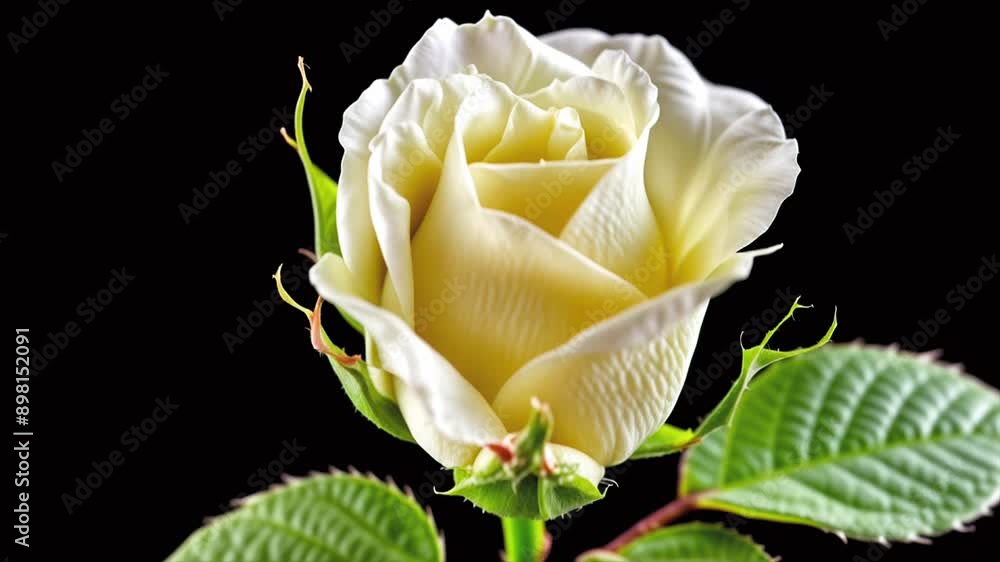 White rose flower opening from a closed bud to a full blossom. Time-lapse 