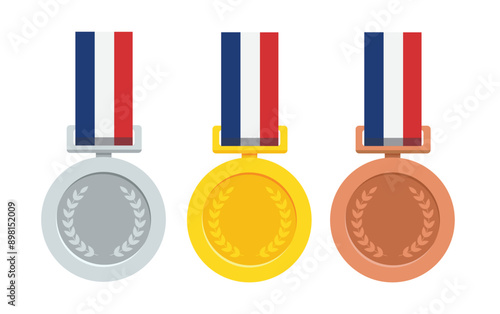 Three medal with gold madel and silver, bronze madel and red ribbon. vector illustration