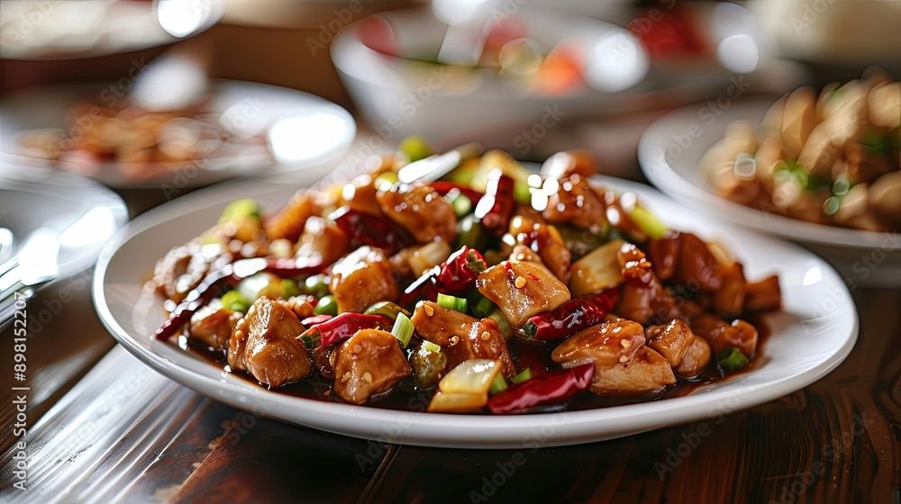 Irresistible Kung Pao Chicken on a Wooden Table, Exemplifying Authentic Chinese Cuisine with White China Plates and Bowls for an Elegant Dining Experience Irresistible Kung Pao Chicken on a Wooden Table, Exemplifying Authentic Chinese Cuisine with White China Plates and Bowls for an Elegant Dining Experience
