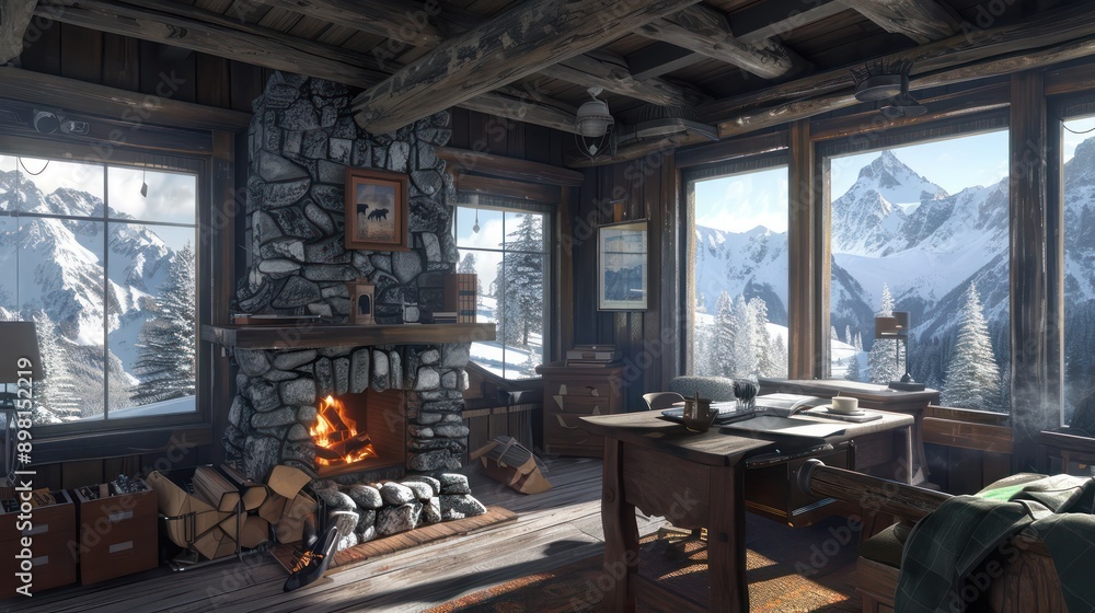rustic home office in a mountain cabin, with a stone fireplace, a sturdy wooden desk, and windows looking out to snowy peaks rustic home office in a mountain cabin, with a stone fireplace, a sturdy wooden desk, and windows looking out to snowy peaks