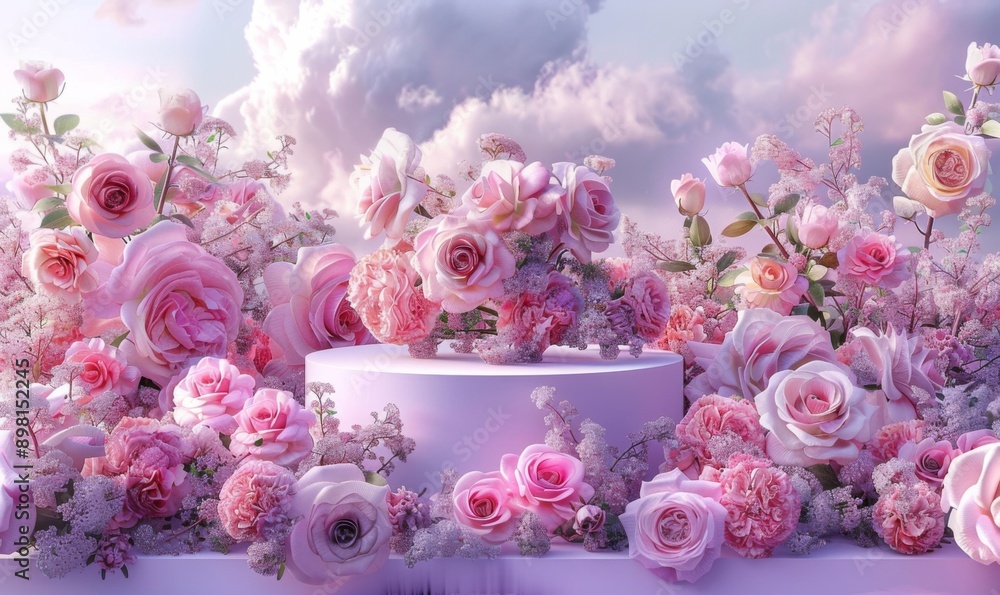 Podium background flower rose product pink 3d spring table beauty stand display nature white. Garden rose floral summer background podium cosmetic valentine easter field scene gift purple day romantic Podium background flower rose product pink 3d spring table beauty stand display nature white. Garden rose floral summer background podium cosmetic valentine easter field scene gift purple day romantic