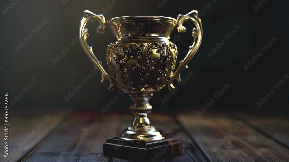 Golden Trophy on Wooden Table Golden Trophy on Wooden Table