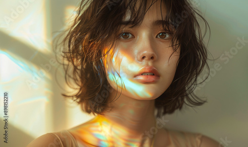 鮮やかな光を浴びる女性