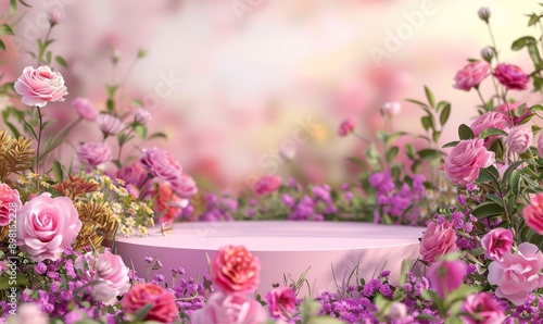 Podium background flower rose product pink 3d spring table beauty stand display nature white. Garden rose floral summer background podium cosmetic valentine easter field scene gift purple day romantic