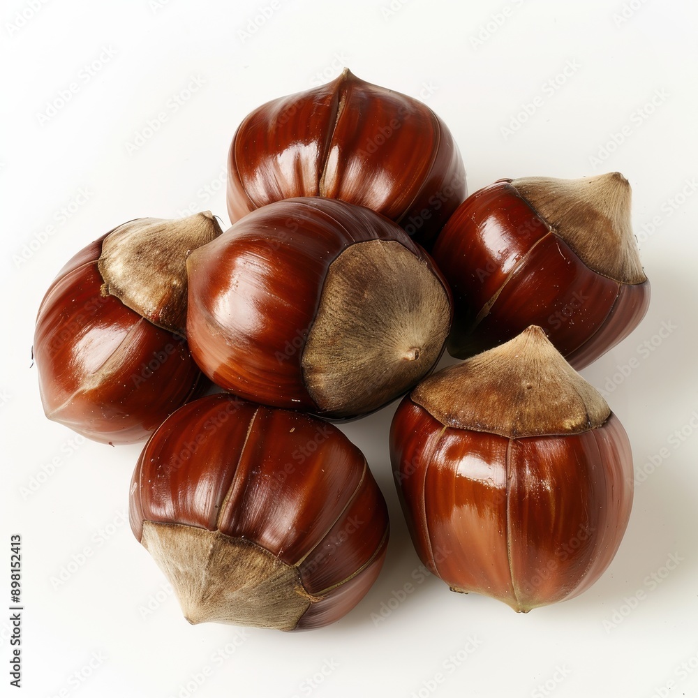 Obraz premium A few shiny brown chestnuts artistically arranged on a white background
