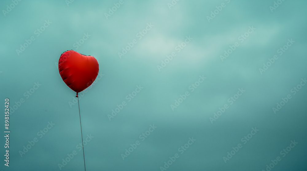 Single Red Heart Balloon Floating Against A Blue Sky. Generative AI Single Red Heart Balloon Floating Against A Blue Sky. Generative AI