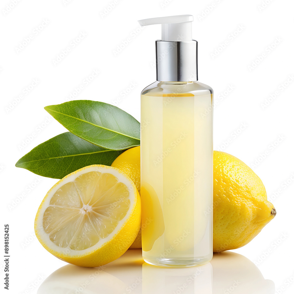 Lemon Essential Oil Bottle with Fresh Lemons and Leaves Lemon Essential Oil Bottle with Fresh Lemons and Leaves