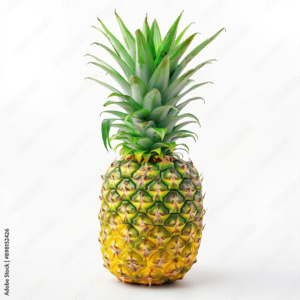 A fresh pineapple with vibrant green leaves, isolated on a white background A fresh pineapple with vibrant green leaves, isolated on a white background