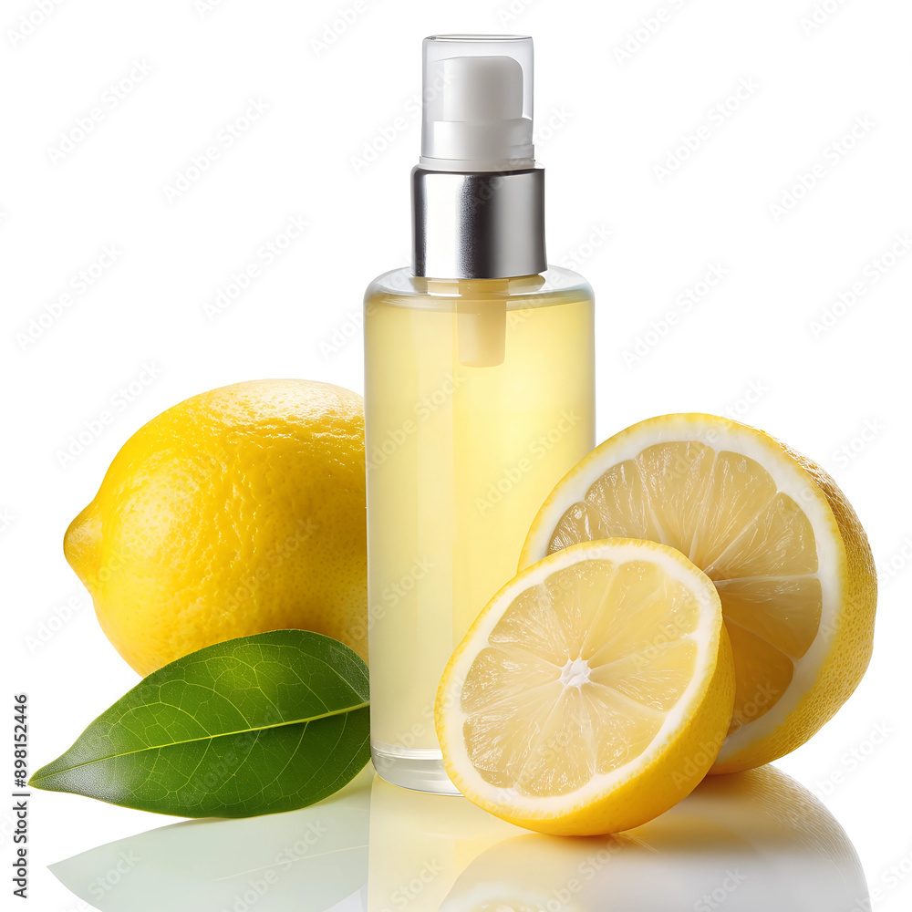 Lemon Essential Oil Bottle with Fresh Lemons and Leaves Lemon Essential Oil Bottle with Fresh Lemons and Leaves