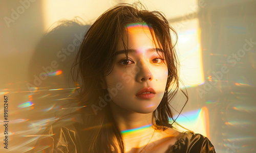 鮮やかな光を浴びる女性