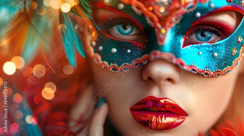 Close-up of a stunning woman adorned in a venetian carnival mask, red lipstick, and feathered hair against a glossy backdrop