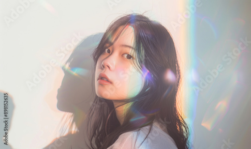 鮮やかな光を浴びる女性